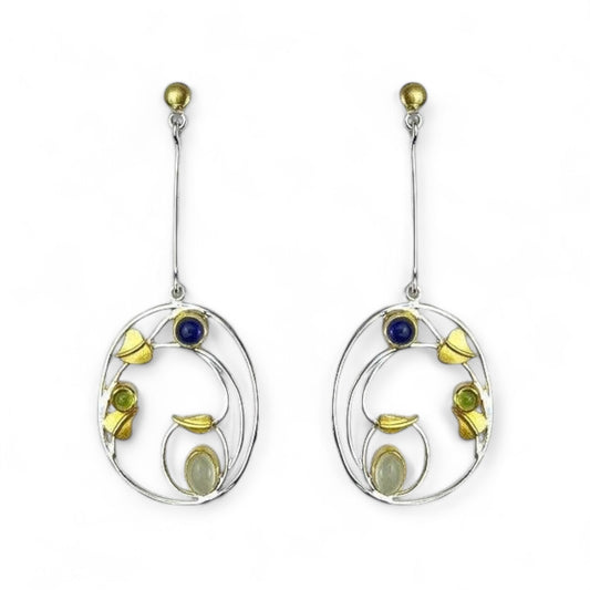 Willowwood - Art Nouveau Inspired Iolite, Moonstone and Peridot Long Earrings - Twelve Silver Trees