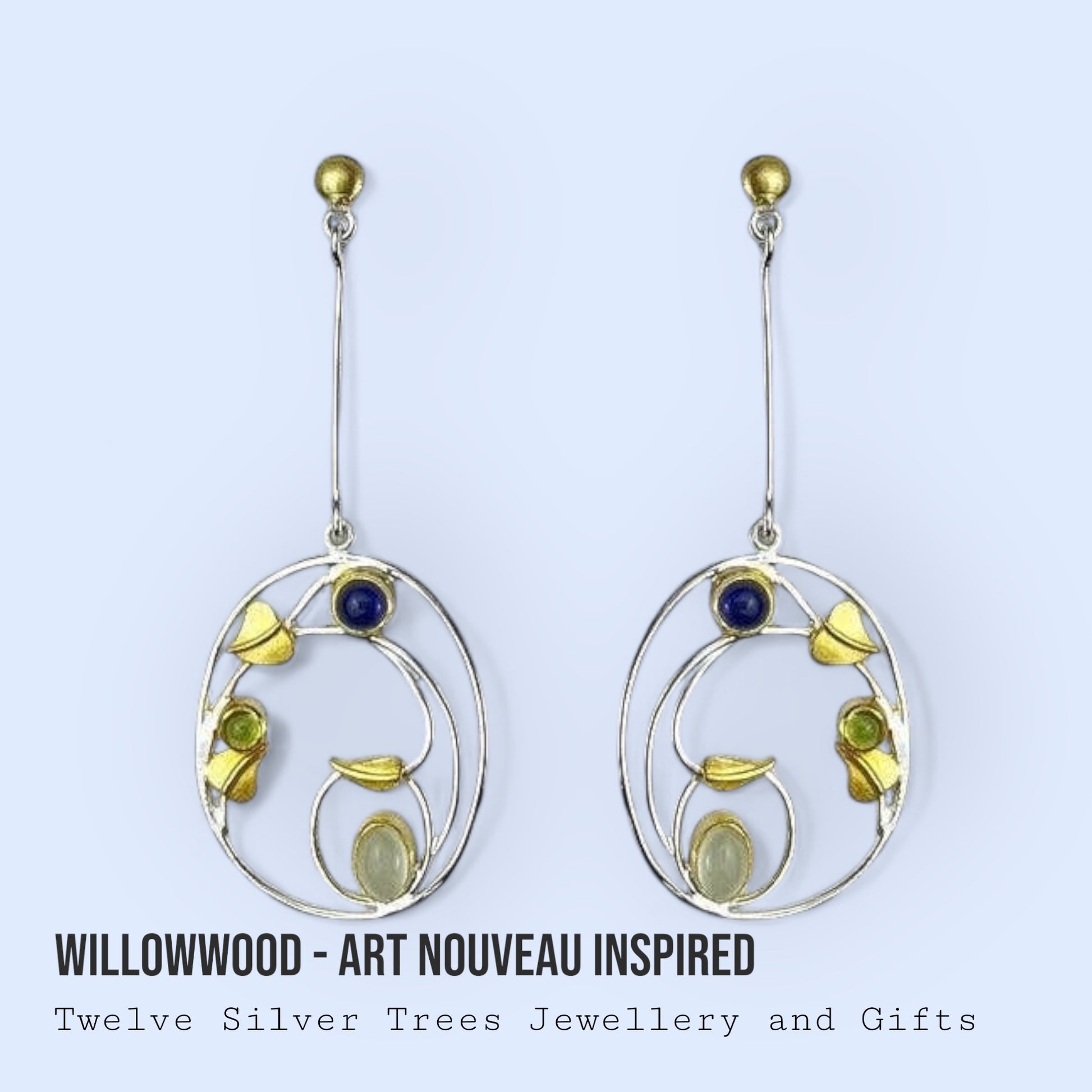 Willowwood - Art Nouveau Inspired Iolite, Moonstone and Peridot Long Earrings - Twelve Silver Trees