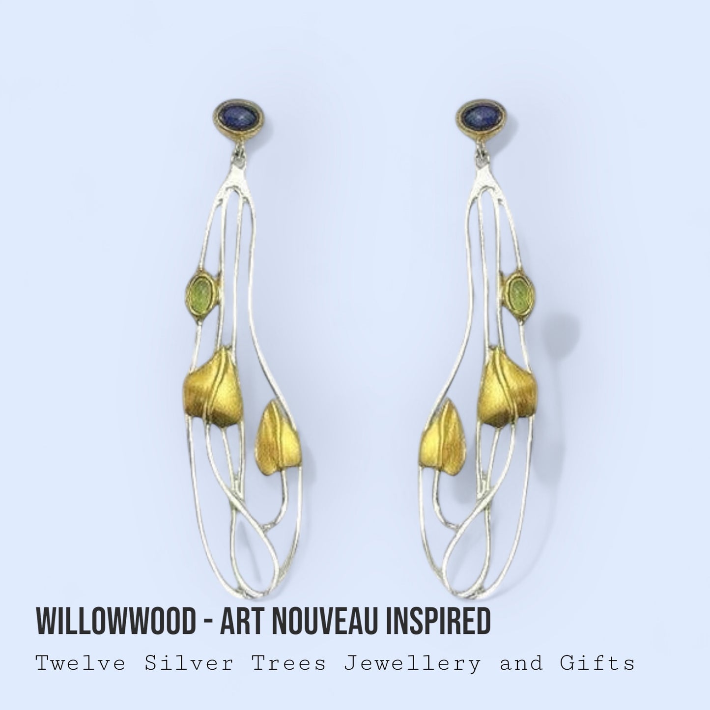 Willowwood - Art Nouveau Inspired Iolite and Peridot Statement Earrings - Twelve Silver Trees