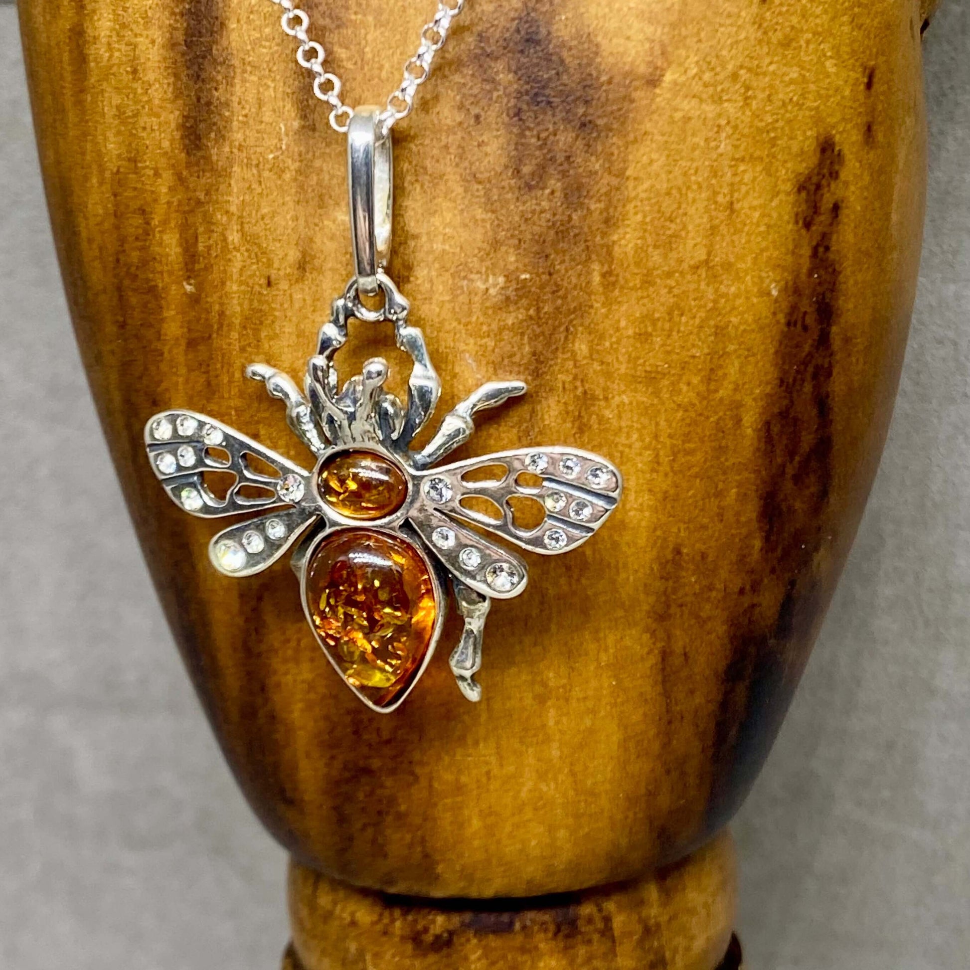 Sterling Silver & Baltic Amber Cubic Zirconia Bee pendant - Twelve Silver Trees