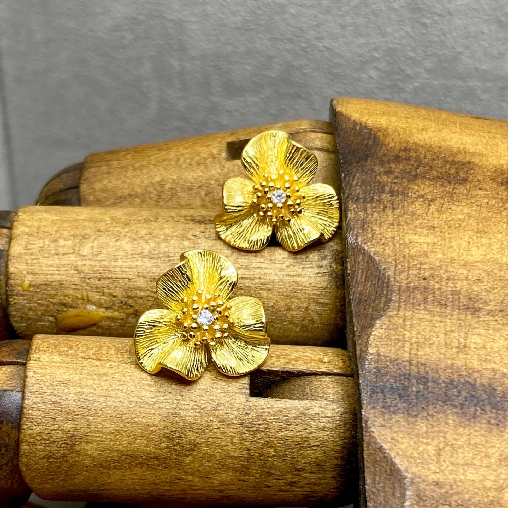 Viola Flower Stud Earrings In 18 Carat Gold Vermeil - Twelve Silver Trees