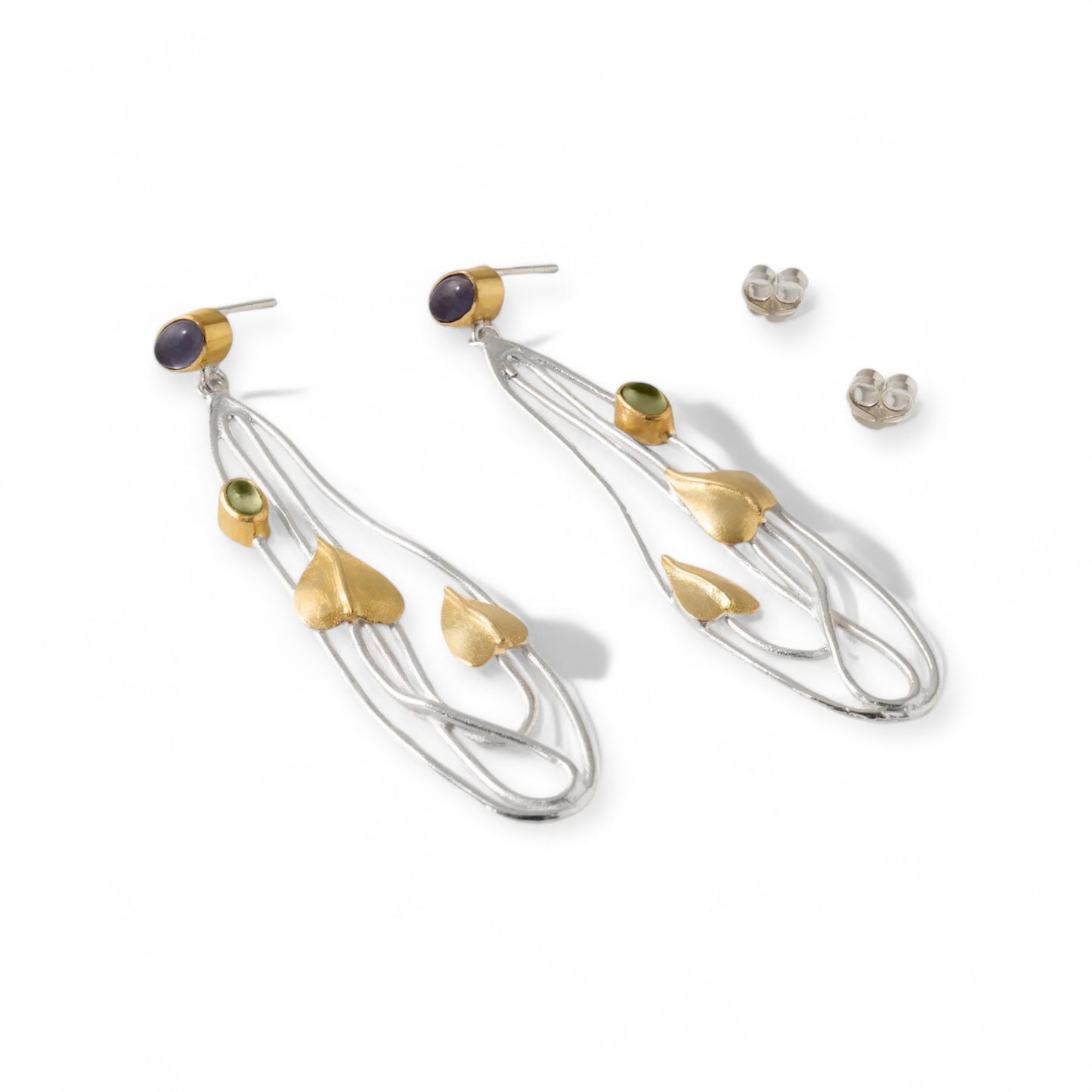 Willowwood - Art Nouveau Inspired Iolite and Peridot Statement Earrings - Twelve Silver Trees