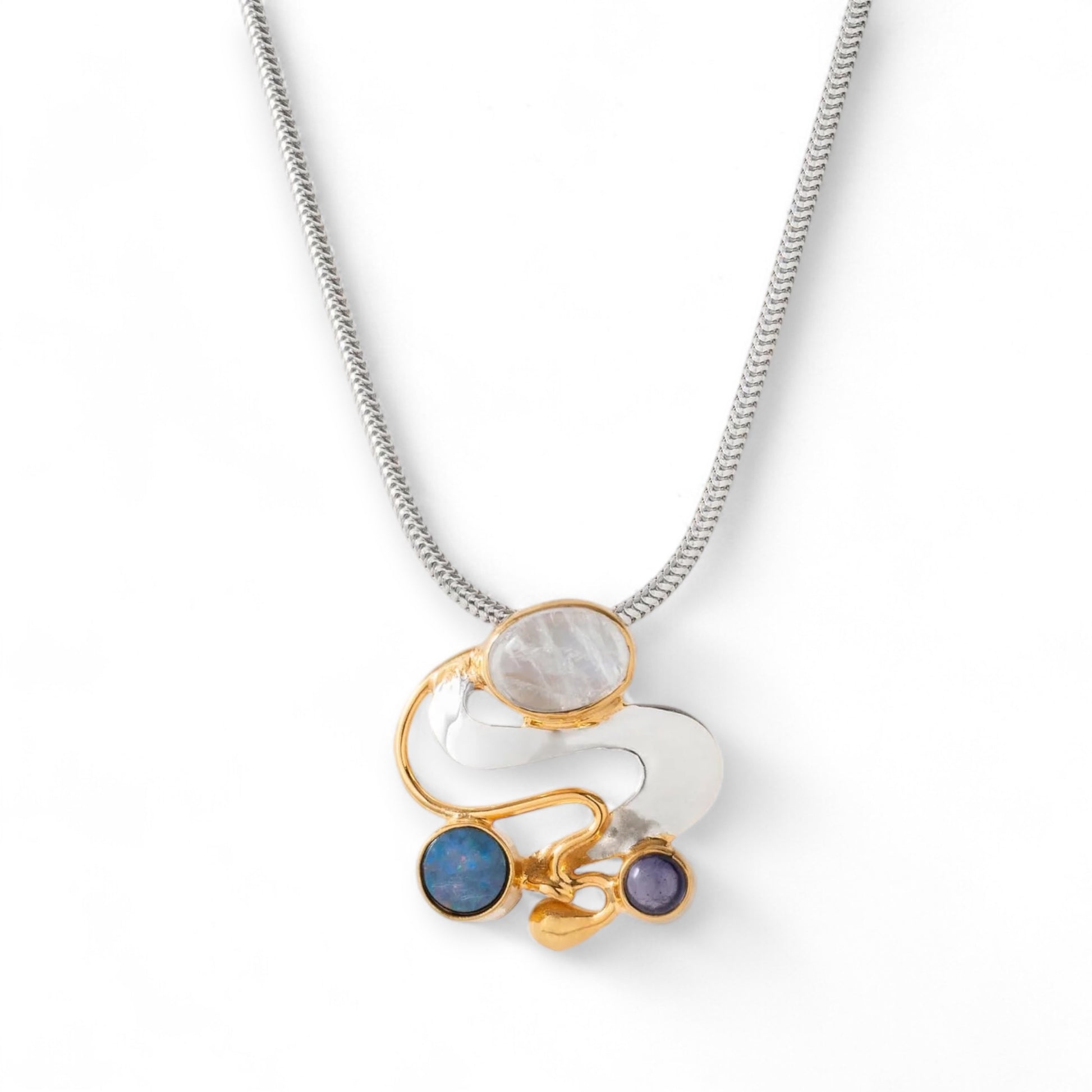 Monet inspirations Water Lily Pendant  - Sterling Silver with Rainbow Moonstone & Iolite - Twelve Silver Trees