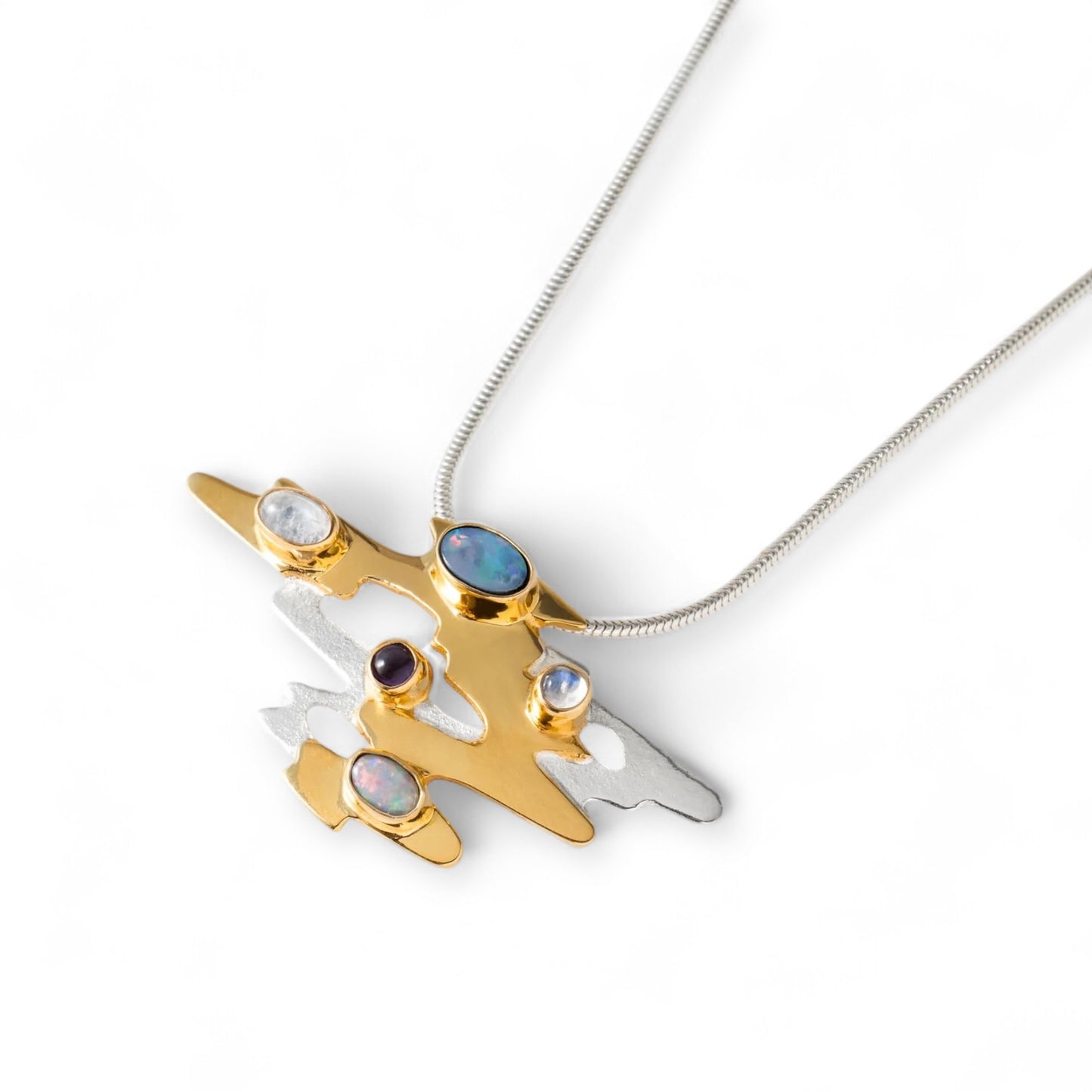 Monet Reflections Water Lily Pendant - Sterling Silver with Opals, Moonstone & Amethyst - Twelve Silver Trees