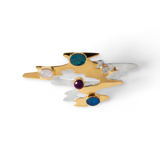 Monet Reflections Water Lily Brooch - Sterling Silver with Opals, Moonstone & Amethyst - Twelve Silver Trees