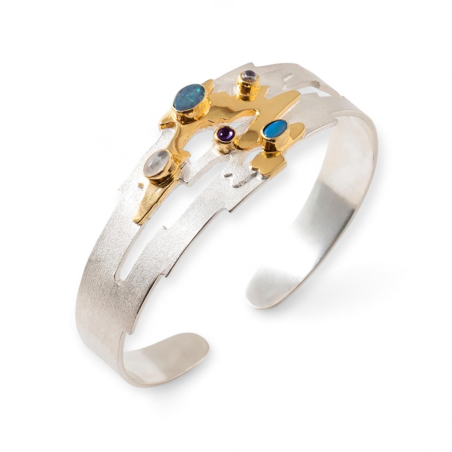 Monet Reflections Water Lily Bangle - Sterling Silver with Opals, Moonstone & Amethyst - Twelve Silver Trees