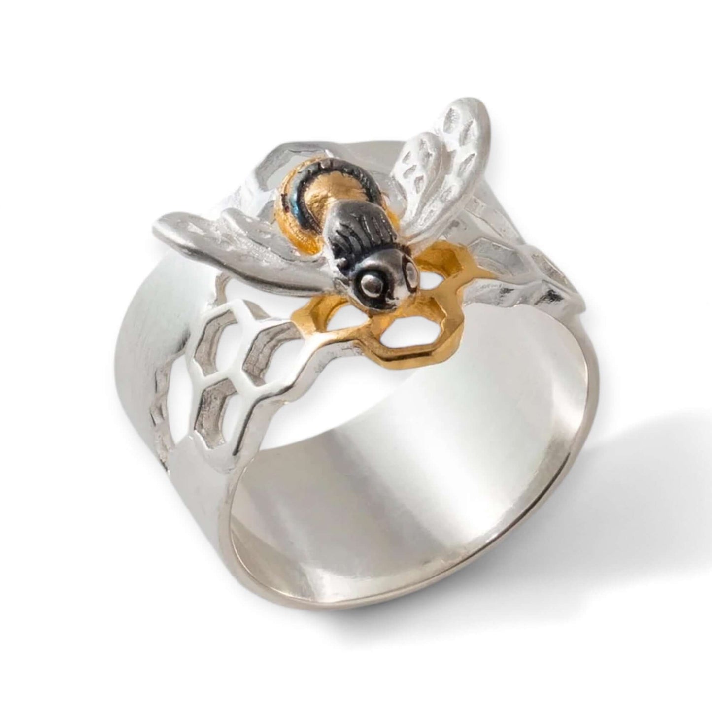 Honeycomb & Honeybee Wide Band Ring By Paula Bolton - Twelve Silver Trees