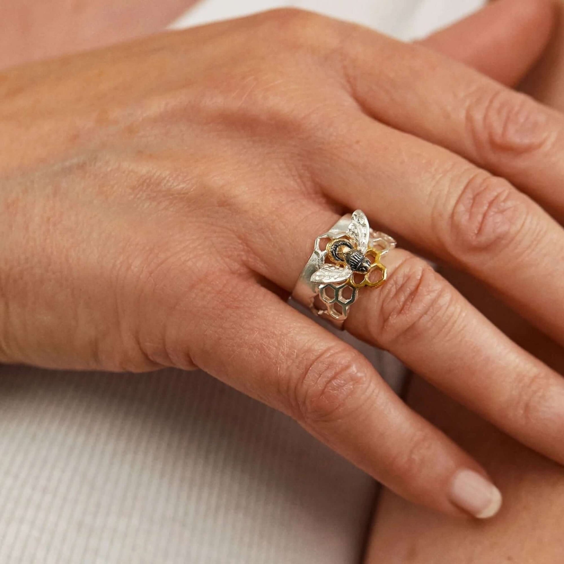 Honeycomb & Honeybee Wide Band Ring By Paula Bolton - Twelve Silver Trees