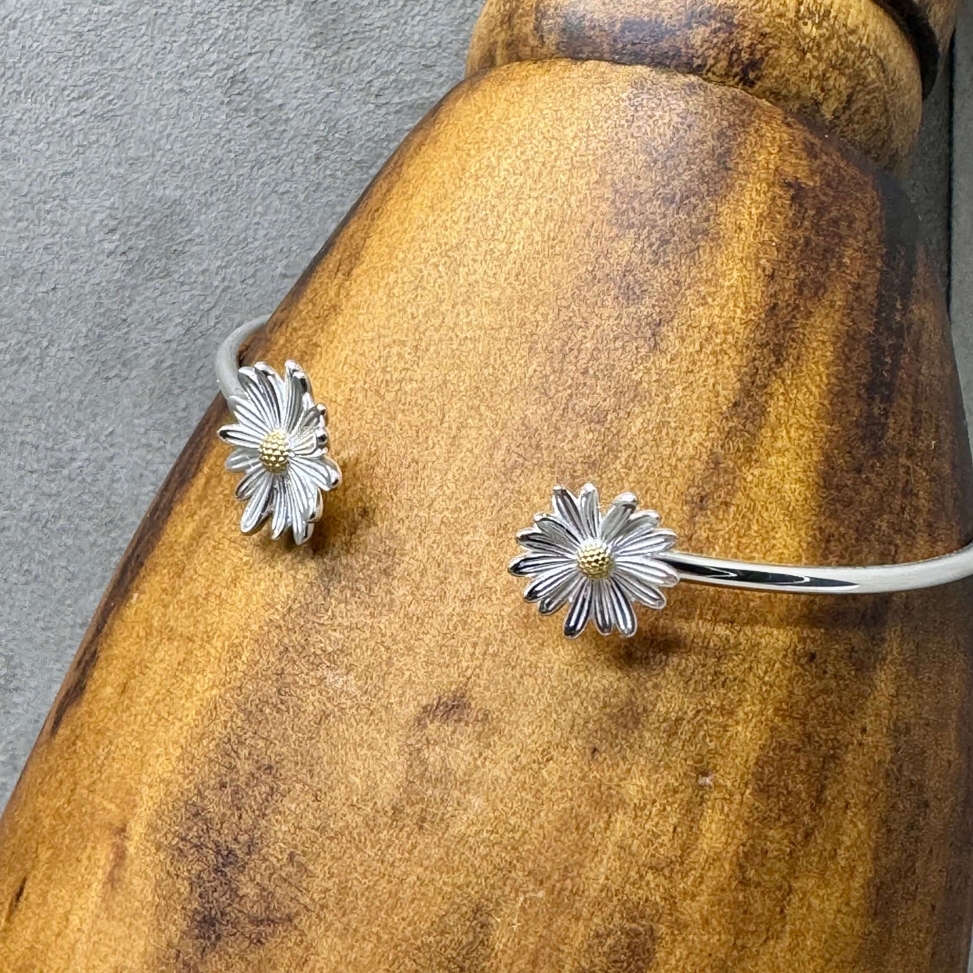 Daisy Two Tone Sterling Silver Flower Cuff Bangle - Twelve Silver Trees