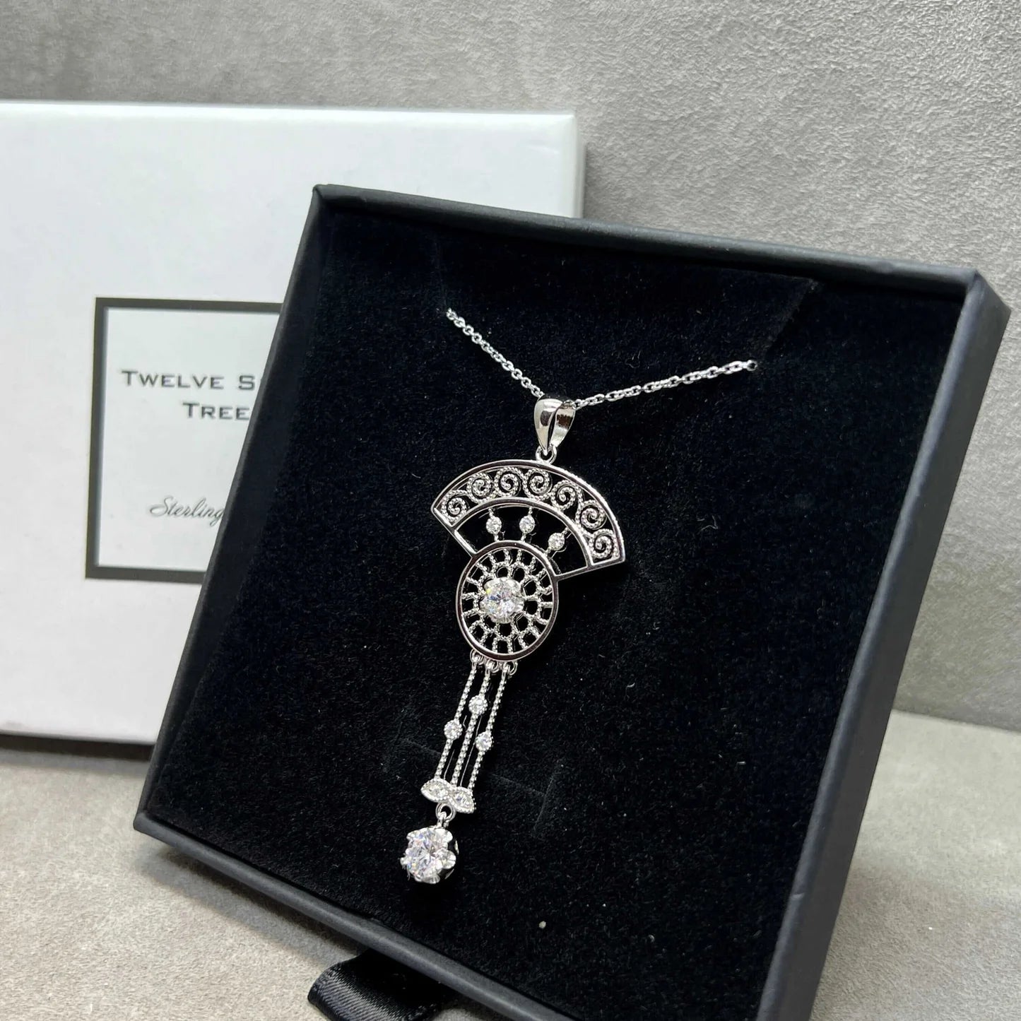 Art Deco Inspired Fan Pendant With By The Yard Necklace - Twelve Silver Trees