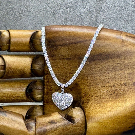 Fine Sterling Silver Cubic Zirconia Tennis Necklace With Pave Heart Charm - Twelve Silver Trees
