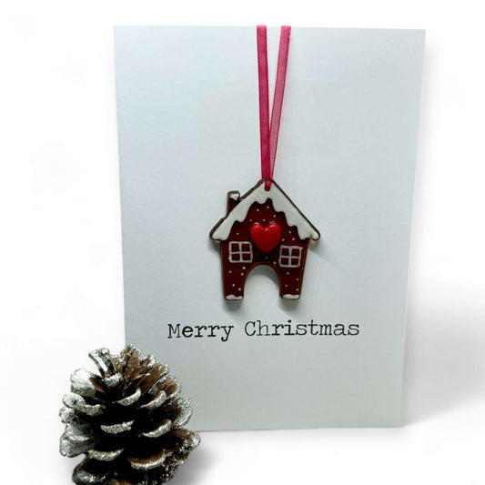 Hanging Gingerbread House Christmas Card - Fused Glass Tree Decoration - Twelve Silver Trees