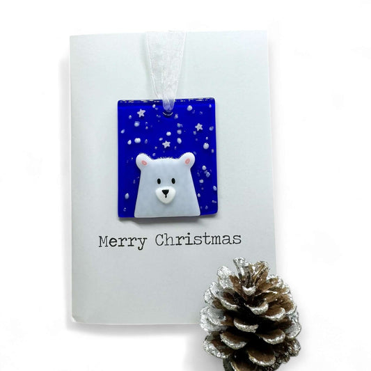 Hanging Polar Bear Christmas Card -Detachable Fused Glass Tree Decoration - Twelve Silver Trees