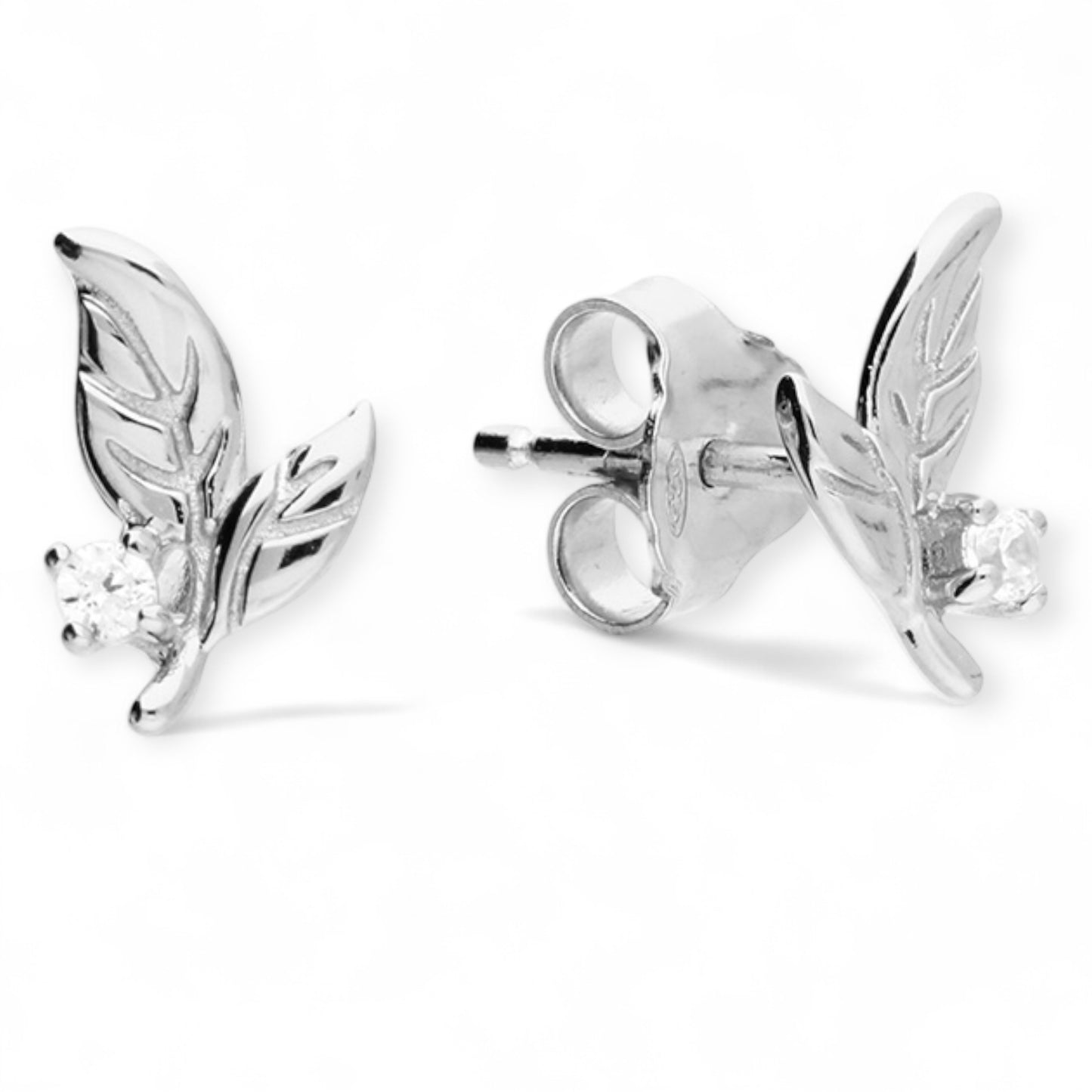 Dainty Leaf Stud Earrings With Zirconia Accent - Twelve Silver Trees