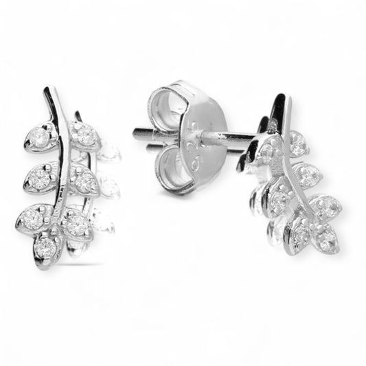 Sterling Silver Leaf Stud Earrings with Cubic Zirconia - Twelve Silver Trees