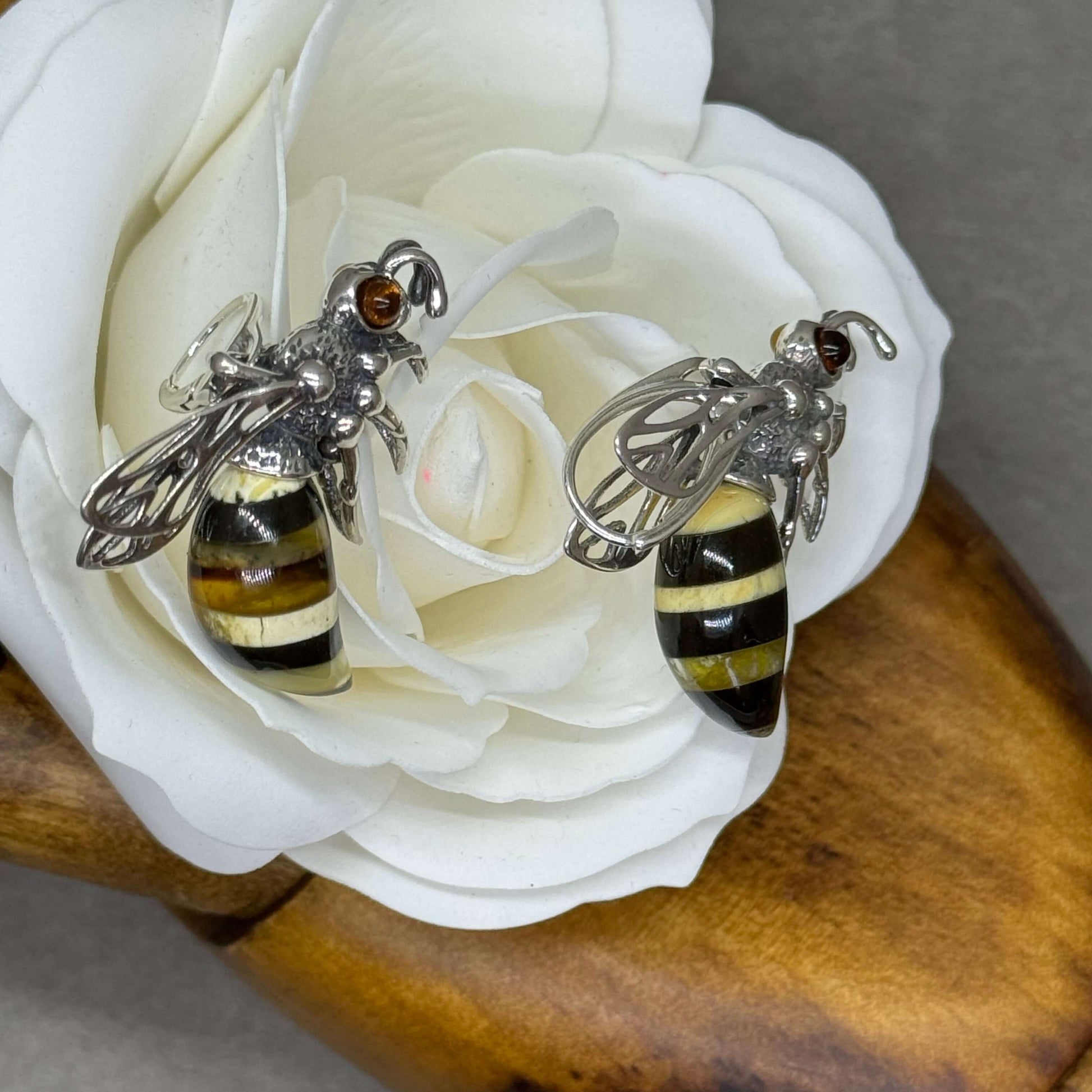 Baltic Amber Large Bee Sterling Silver Lever Back Earrings - Twelve Silver Trees