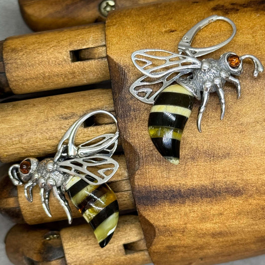 Baltic Amber Large Bee Sterling Silver Lever Back Earrings - Twelve Silver Trees