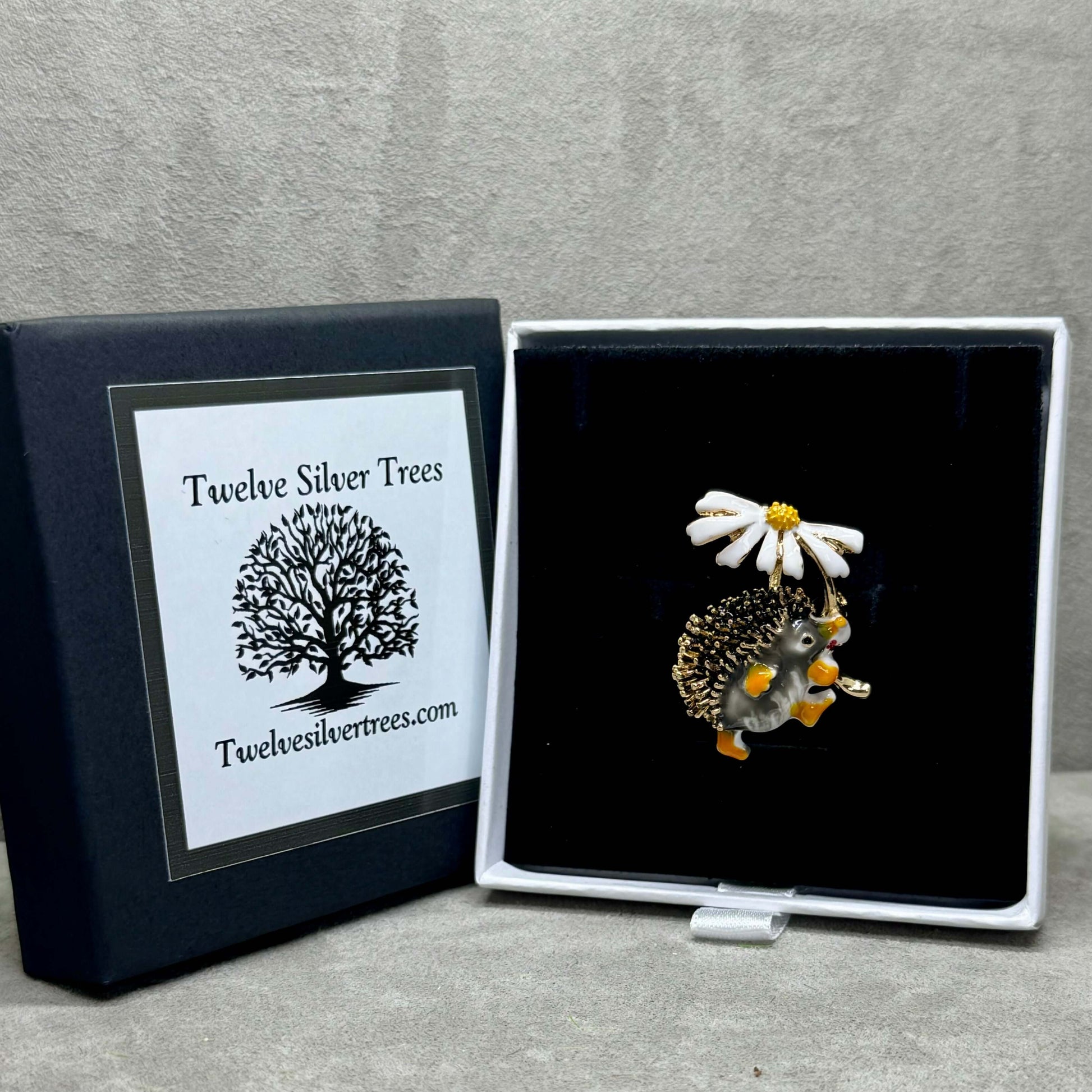 Enamel Hedgehog & Daisy Fashion Jewellery Brooch - Twelve Silver Trees