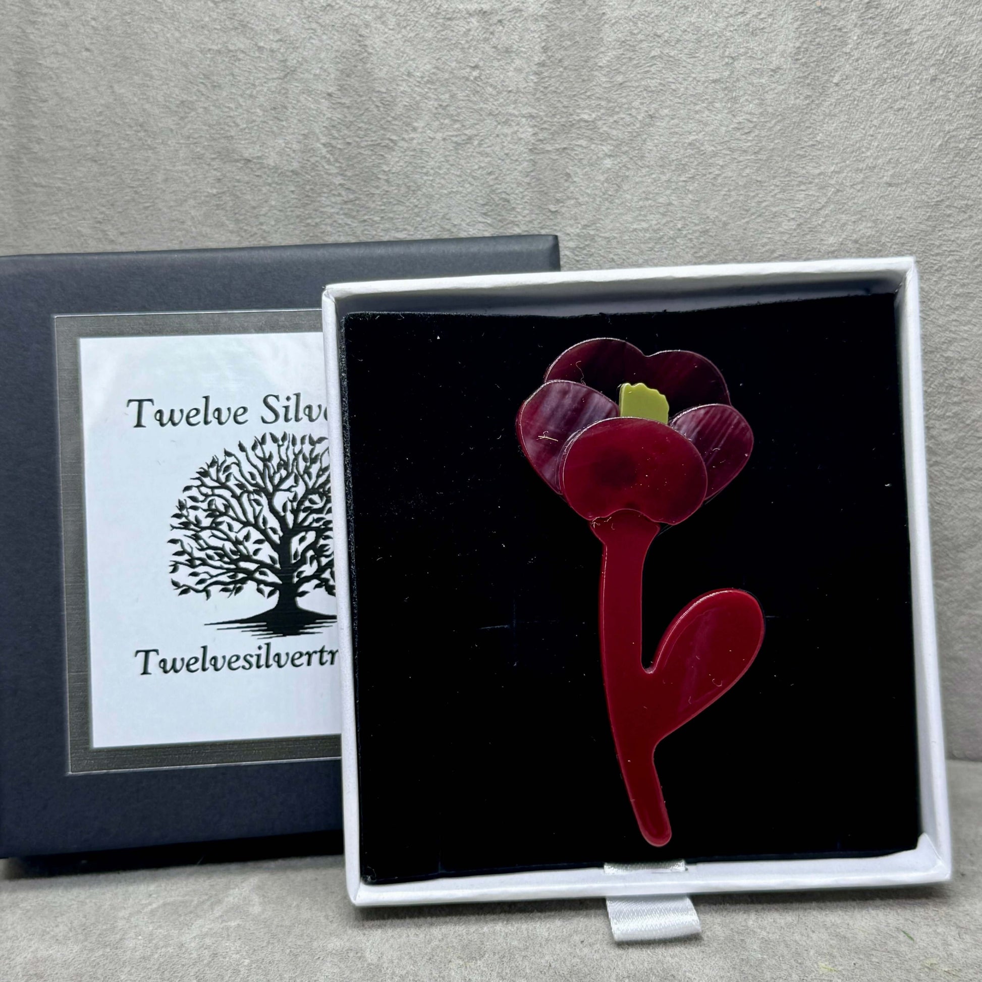 Handmade Acrylic Art Brooch - The Deco Red Flower - Twelve Silver Trees