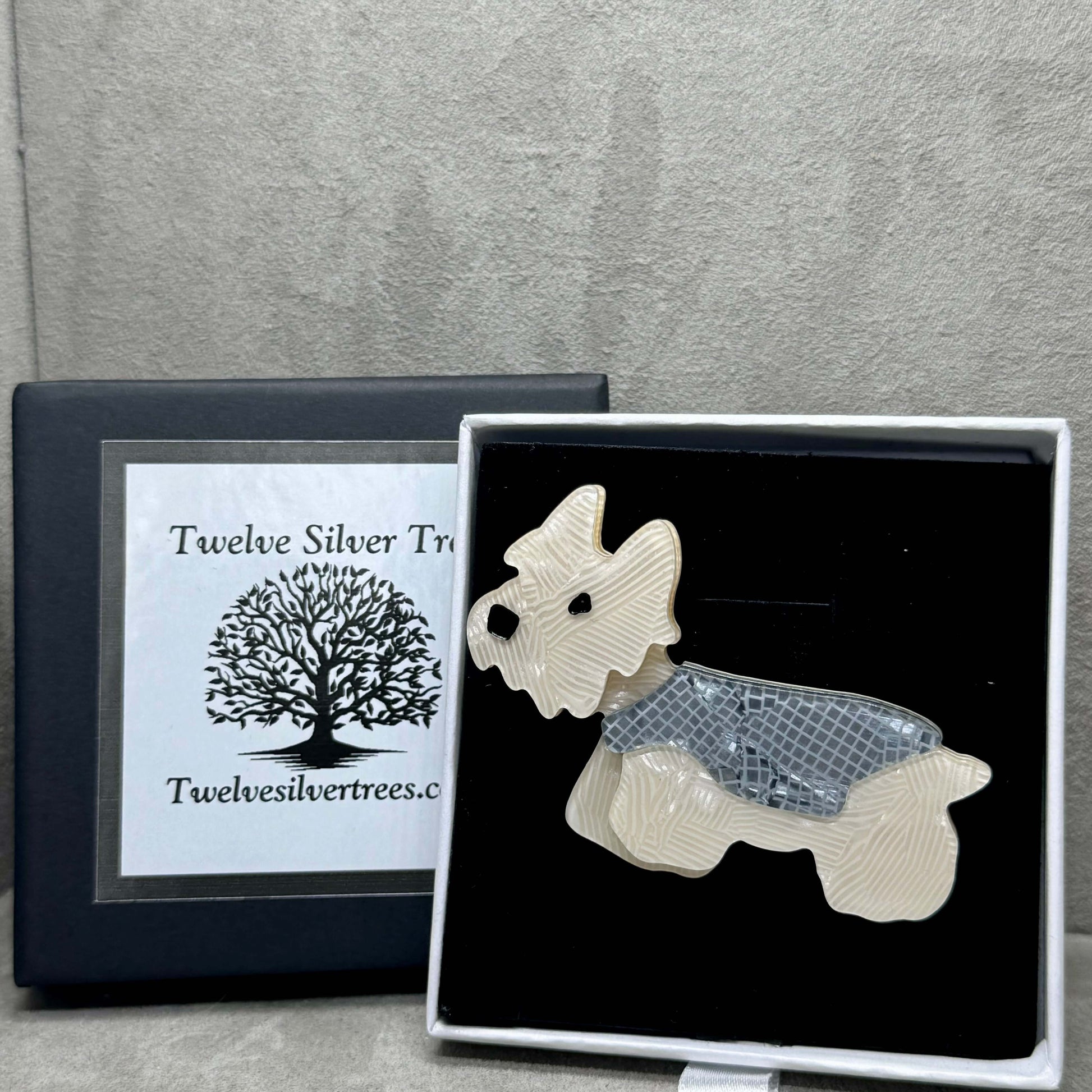 Handmade Acrylic Art Brooch - The Lovable Westie - West Highland Terrier Dog Brooch - Twelve Silver Trees