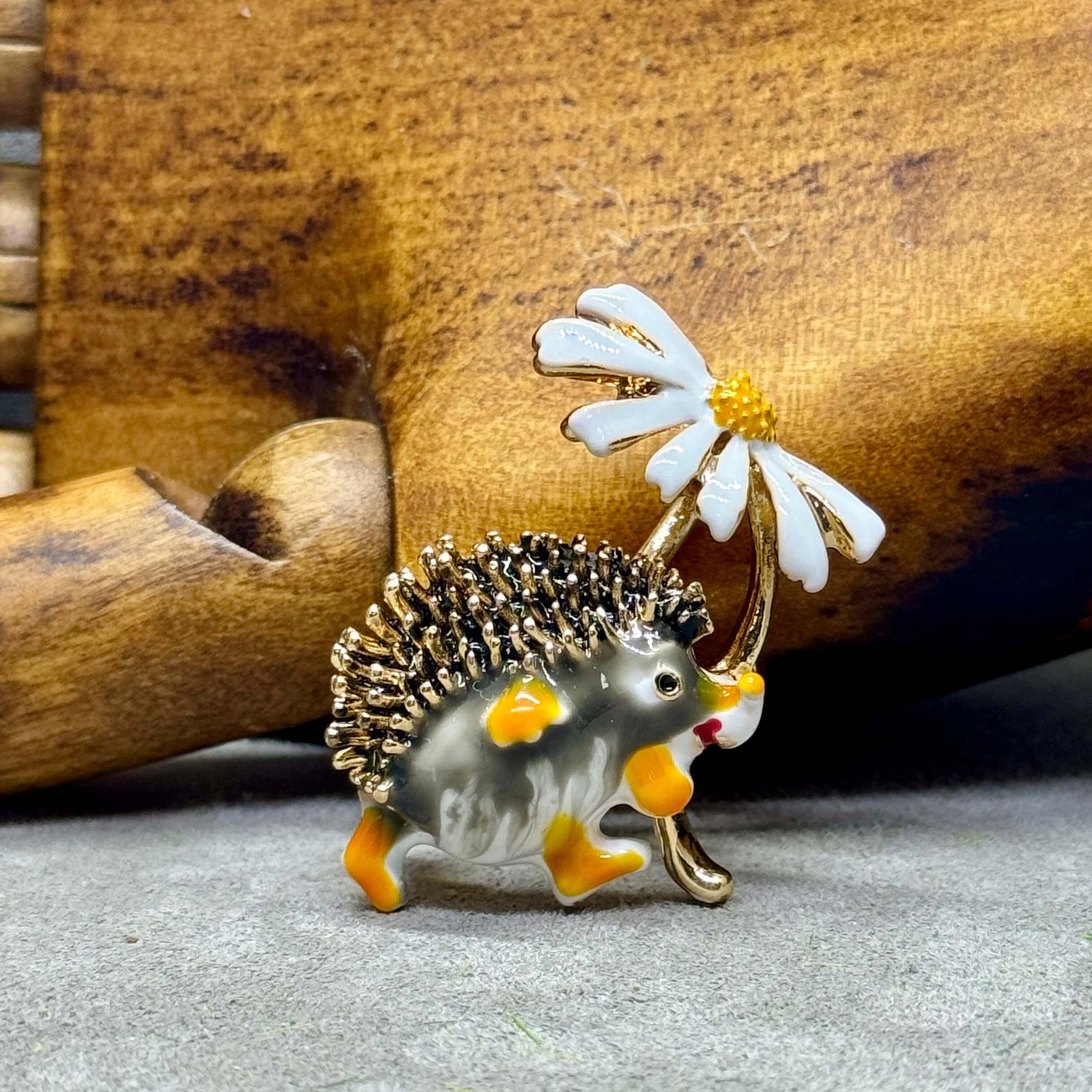 Enamel Hedgehog & Daisy Fashion Jewellery Brooch - Twelve Silver Trees