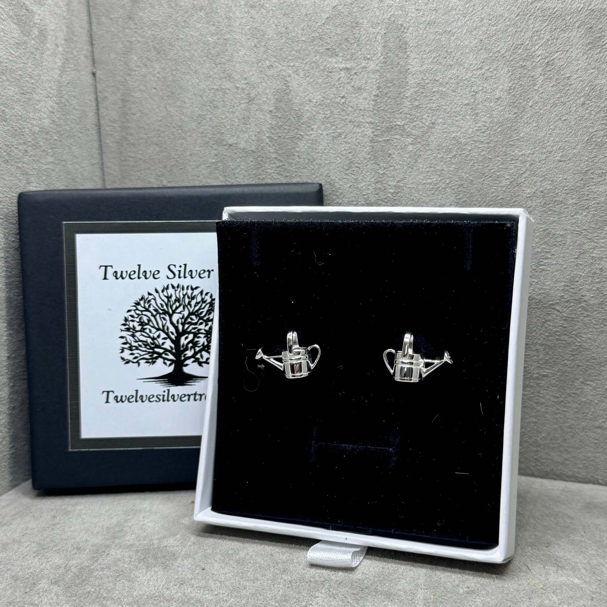 Love My Garden - Three Dimensional Watering Can Stud Earrings. - Twelve Silver Trees