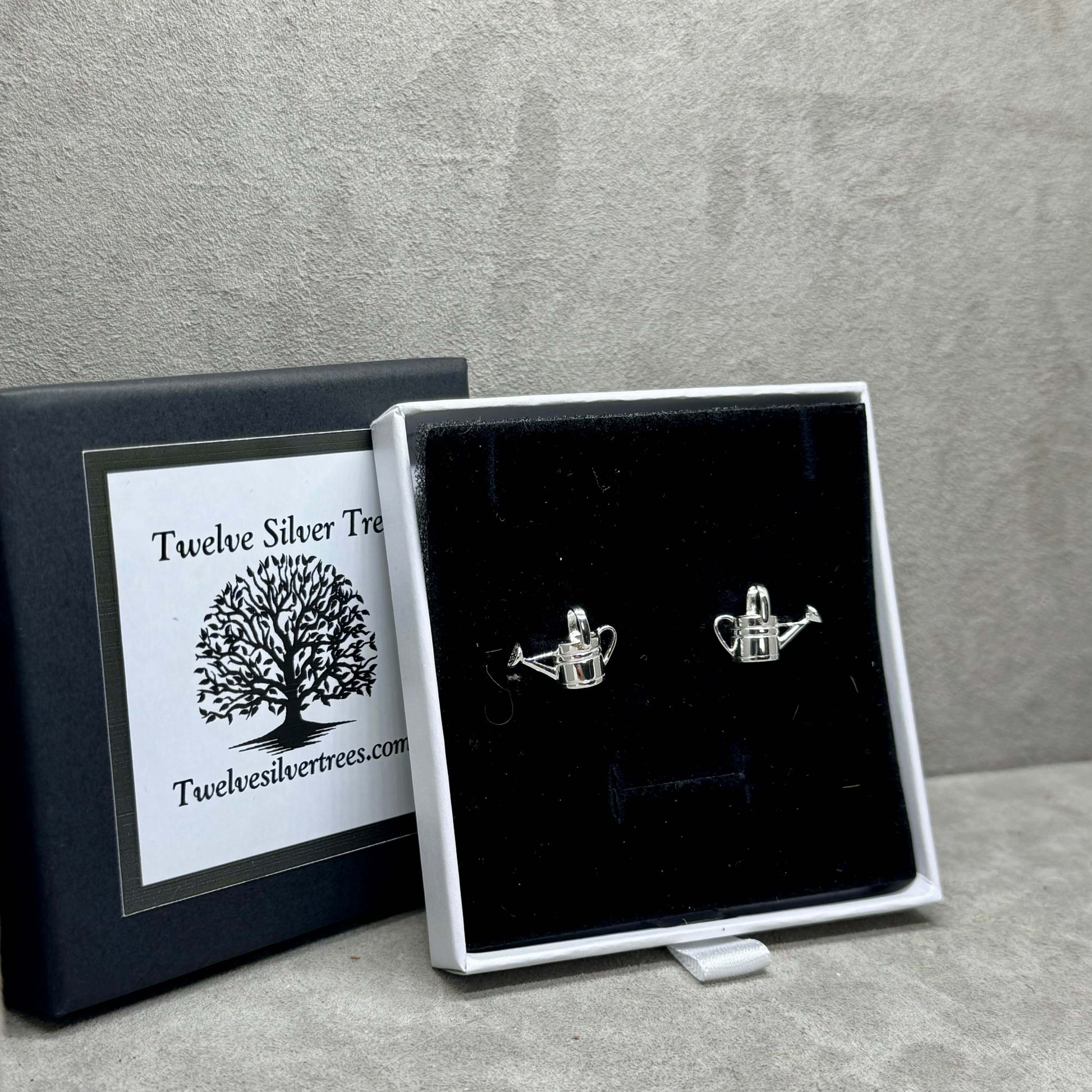 Love My Garden - Three Dimensional Watering Can Stud Earrings. - Twelve Silver Trees