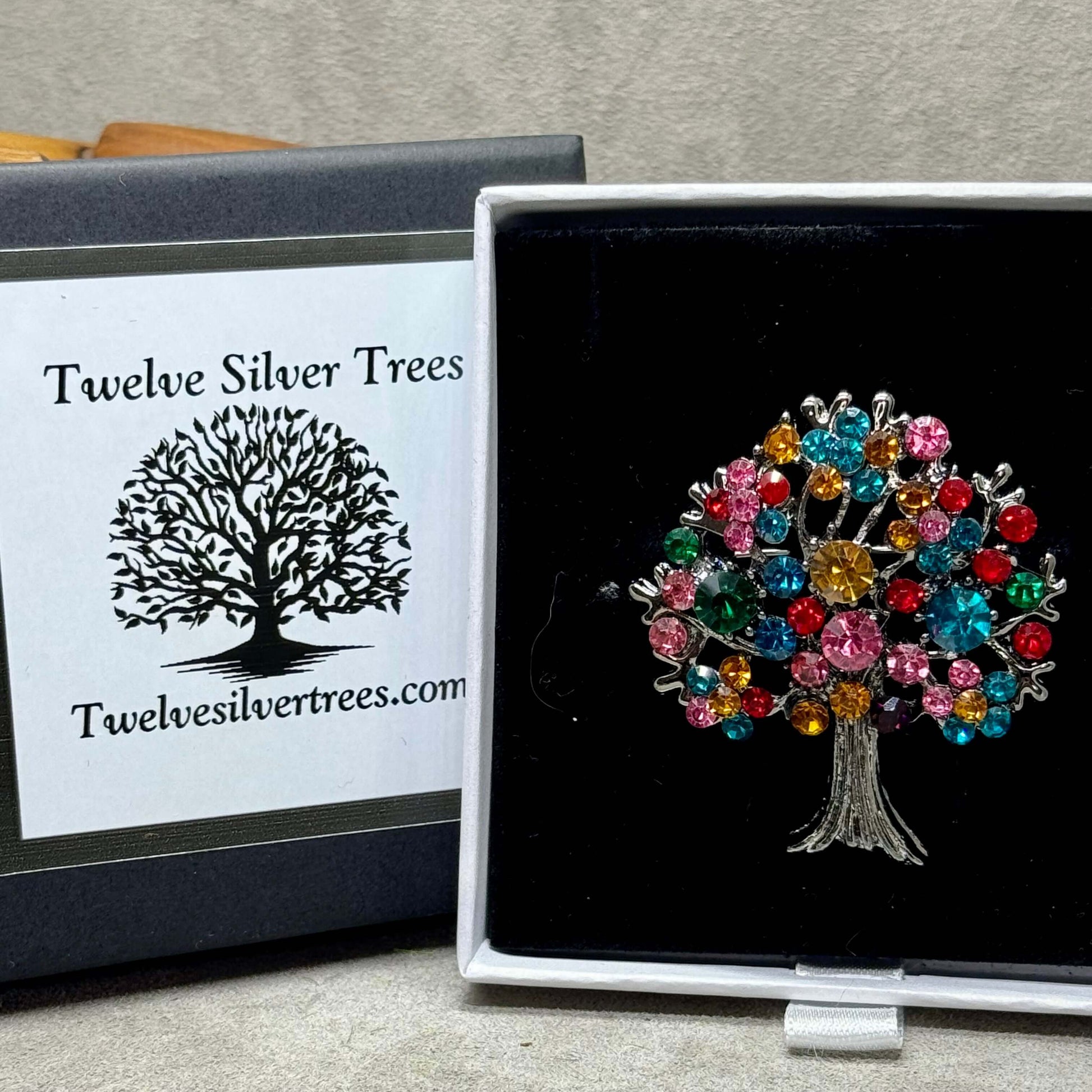 Crystal Embellished Tree Of Life Brooch - Twelve Silver Trees