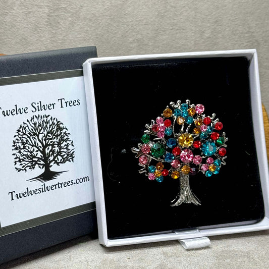 Crystal Embellished Tree Of Life Brooch - Twelve Silver Trees