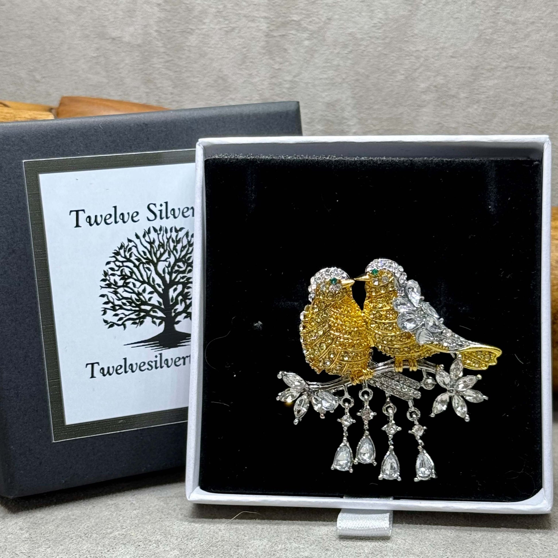 Crystal Embellished LoveBird Brooch - Twelve Silver Trees