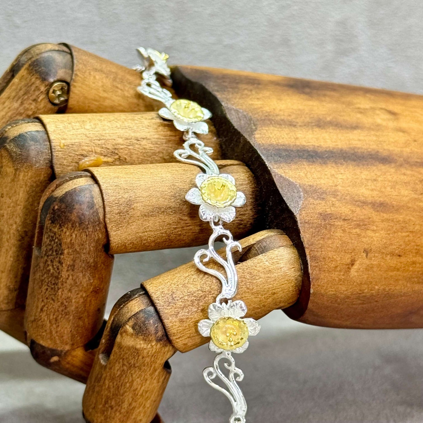 Daffodil Flower Bracelet In Sterling Silver With 14 Carat Gold - Twelve Silver Trees