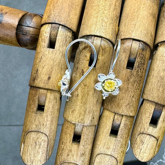 Handmade Sterling Silver Daffodil Hook Earrings with 18 Carat Gold Accents | The Daffodil Collection | Twelve Silver Trees Jewellery & Gifts