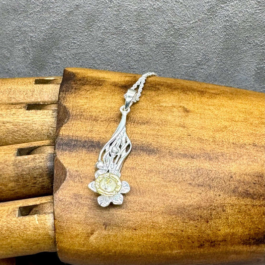 Daffodil Flower Pendant in Sterling Silver With 18 Carat Gold