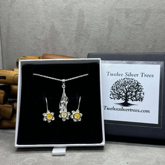 Sterling Silver & 19 Carat Gold Daffodil Flower Hook Earrings and Pendant Gift Set - Twelve Silver Trees Jewellery & Gifts