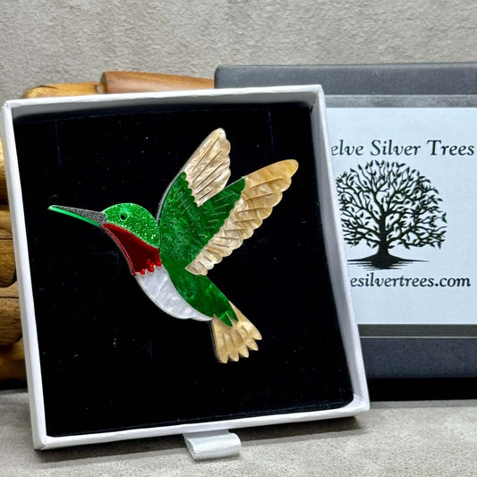 Laser cut acrylic Art Brooch - The Hummingbird - Twelve Silver Trees Jewellery & Gifts