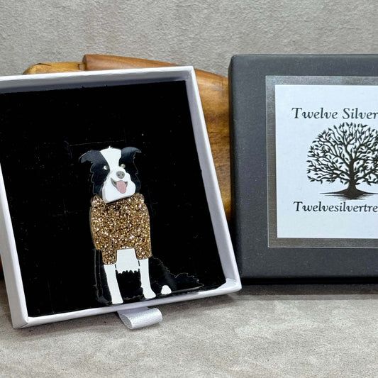 The Border Collie - Acrylic Art Dog Brooch - Twelve Silver Trees Jewellery & Gifts