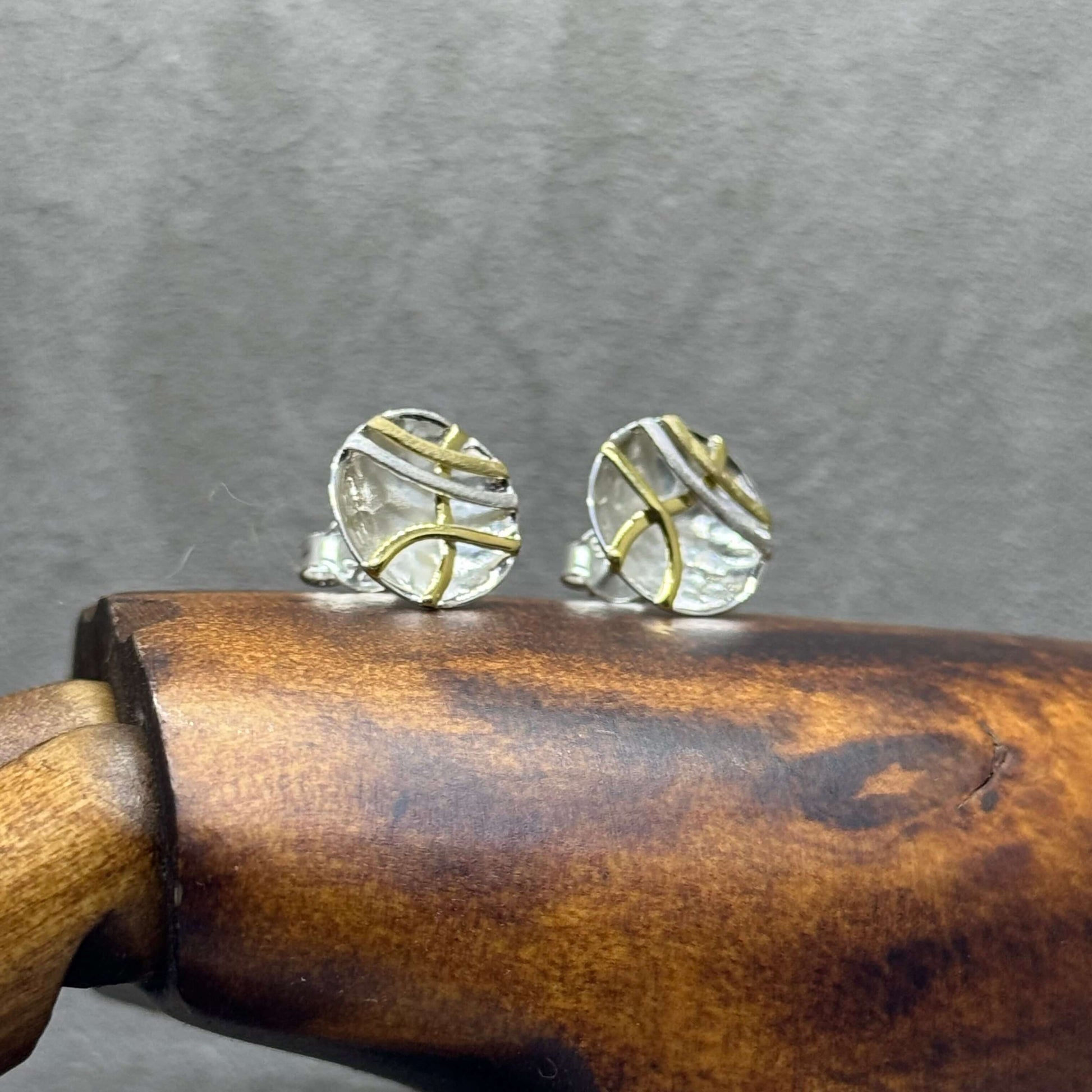 Hammered Sterling Silver Concave Disc Earrings with Linear Brass Details - Twelve Silver Trees