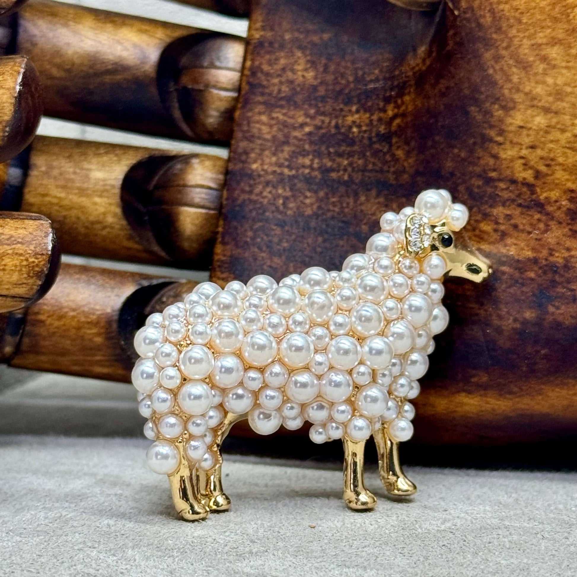 Faux Pearl Gold Tone Sheep Brooch - Twelve Silver Trees