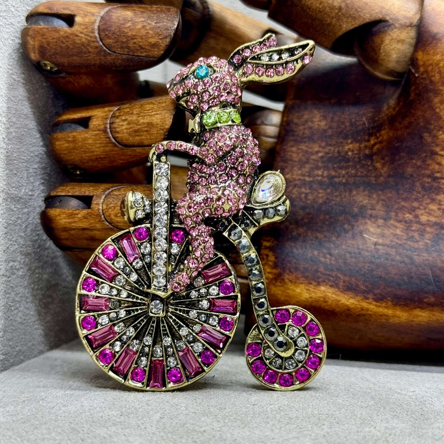 Crystal Embellished Rabbit on Penny Farthing Brooch. - Twelve Silver Trees