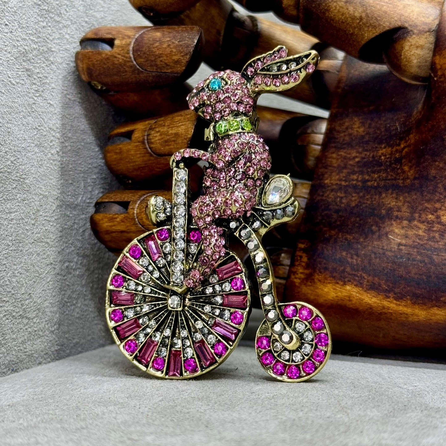 Crystal Embellished Rabbit on Penny Farthing Brooch. - Twelve Silver Trees