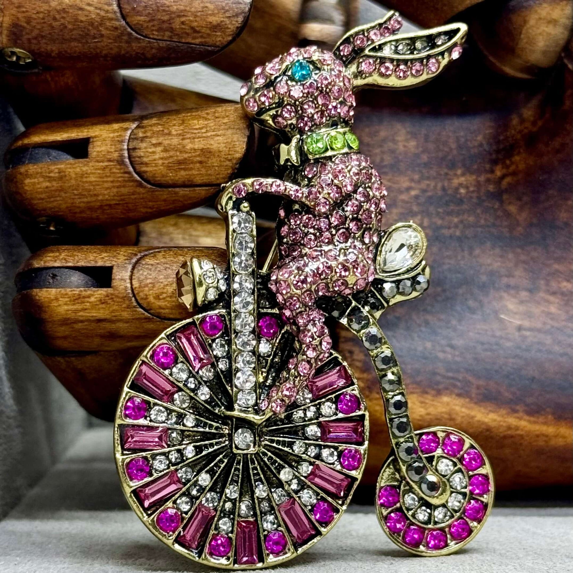 Crystal Embellished Rabbit on Penny Farthing Brooch. - Twelve Silver Trees