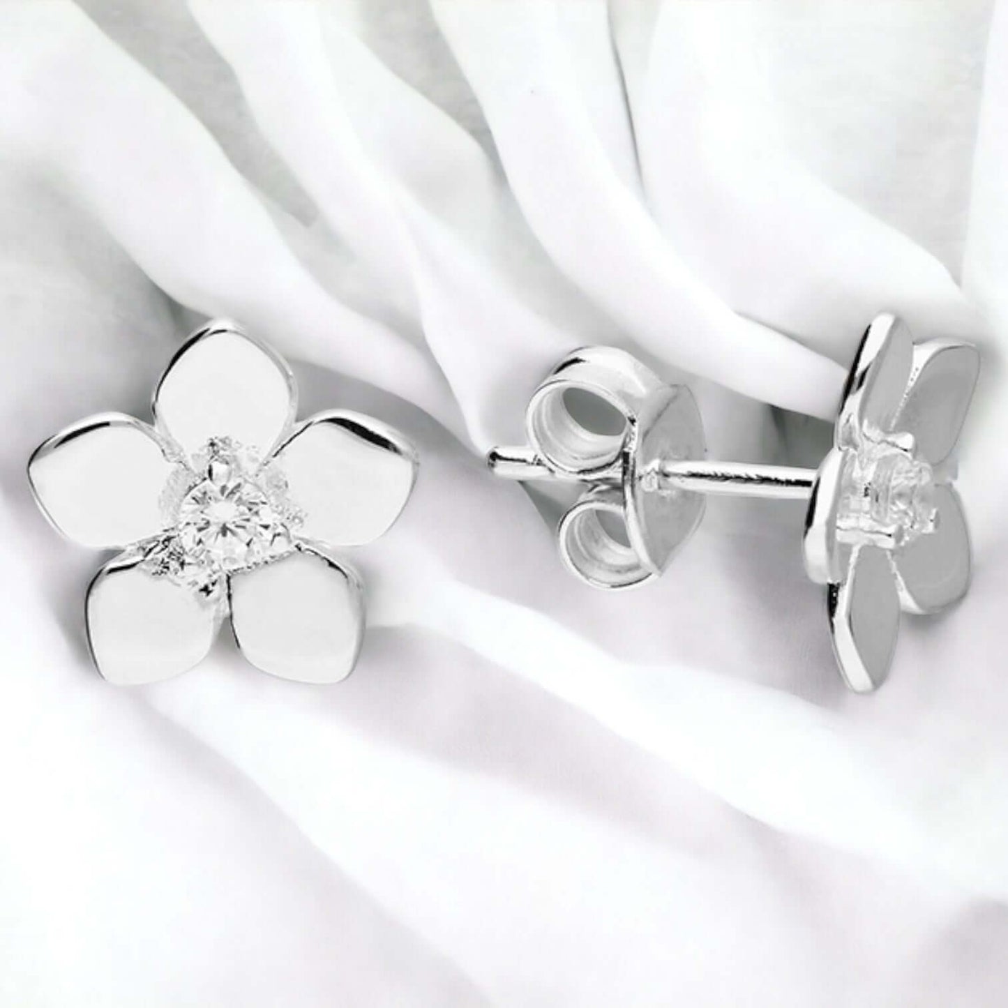 Meadow Flower Zirconia Sterling Silver Solitaire Stud Earrings - Twelve Silver Trees