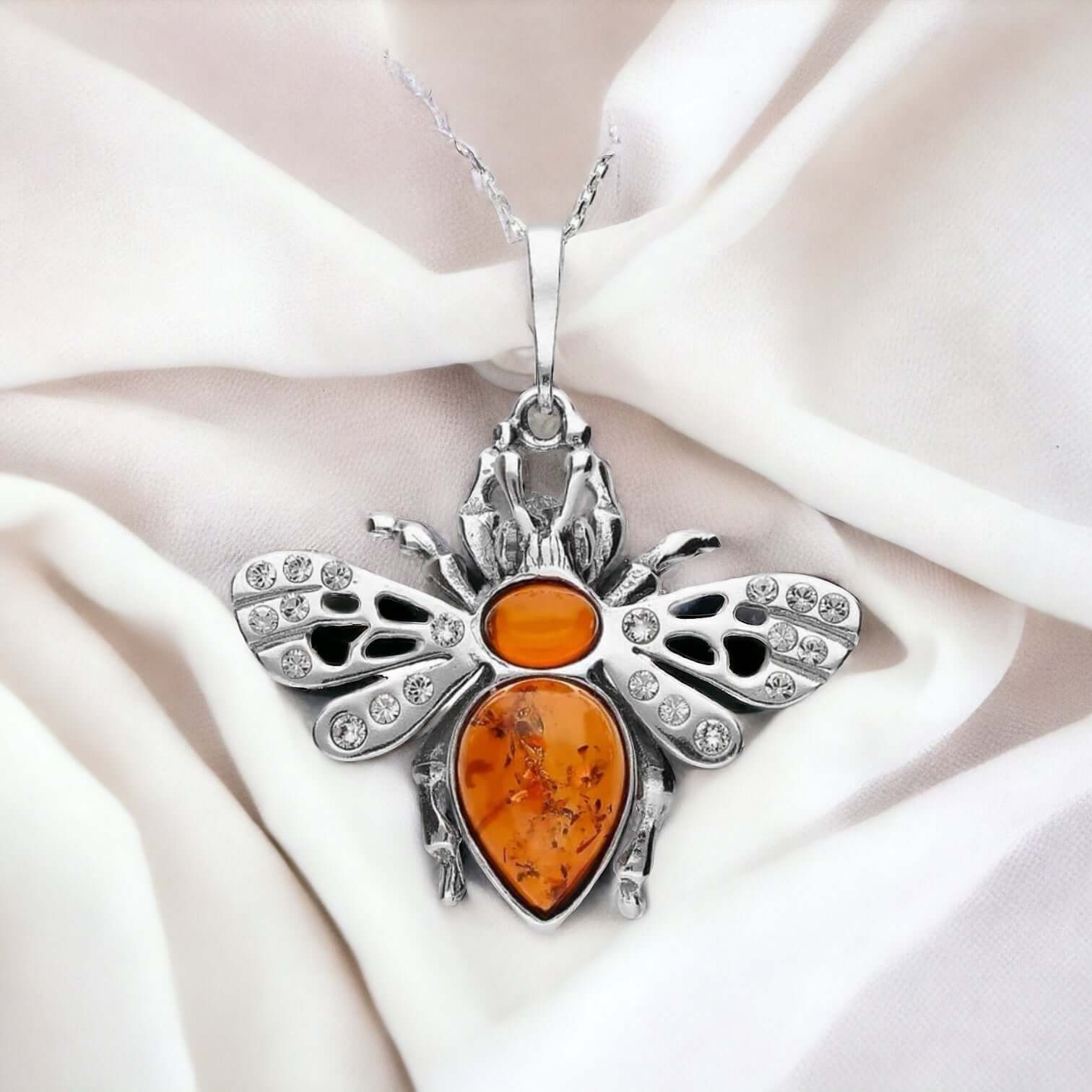 Sterling Silver & Baltic Amber Cubic Zirconia Bee pendant - Twelve Silver Trees