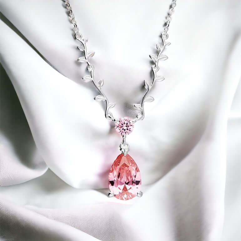 Pink Teardrop Vine Leaf Necklace & Complimenting Earring Set - Twelve Silver Trees