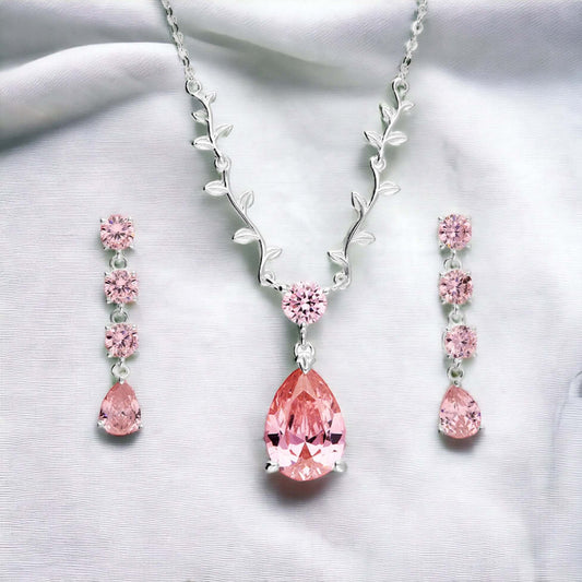 Pink Teardrop Vine Leaf Necklace & Complimenting Earring Set - Twelve Silver Trees