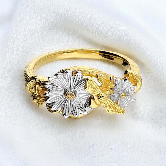 Daisy & Vine Honey Bee Ring In Two Tone Textured Sterling Silver - Twelve Silver Trees
