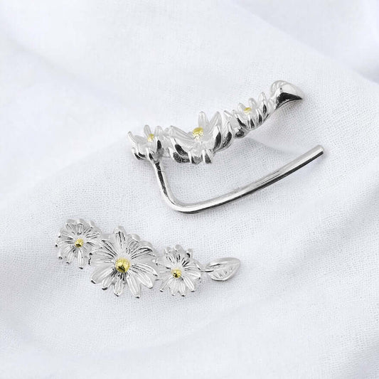 Daisy And Vine Two Tone Sterling Silver Flower Ear Climber Earrings - Twelve Silver Trees