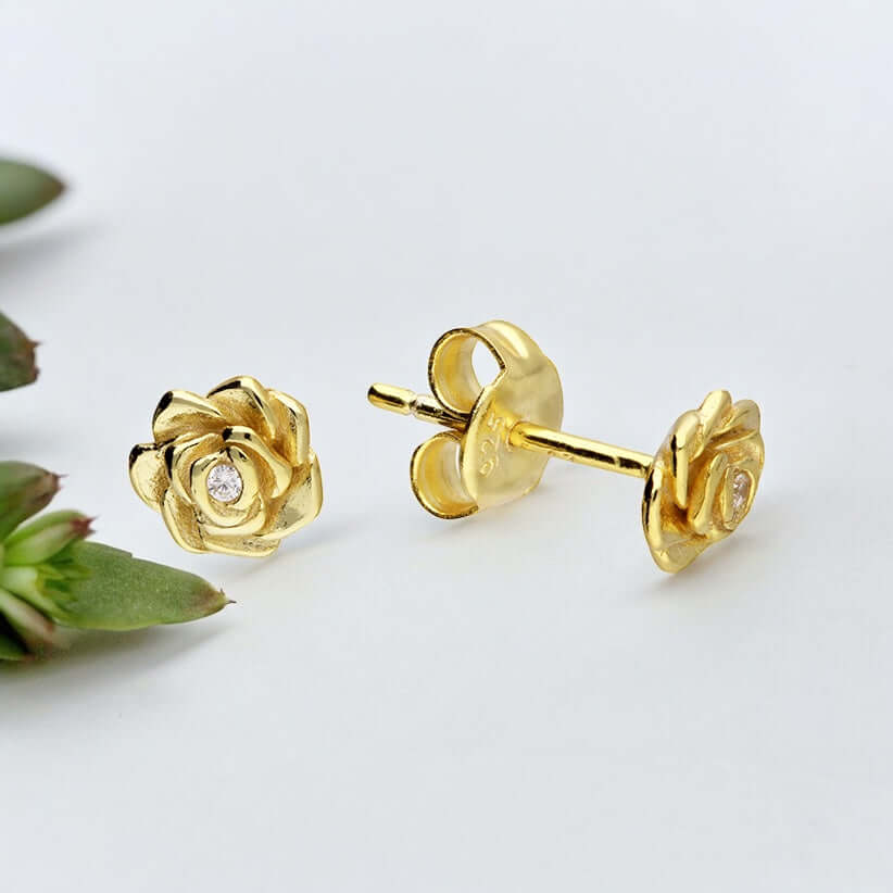 Dainty Rose Flower Sterling Silver Stud Earrings - Twelve Silver Trees