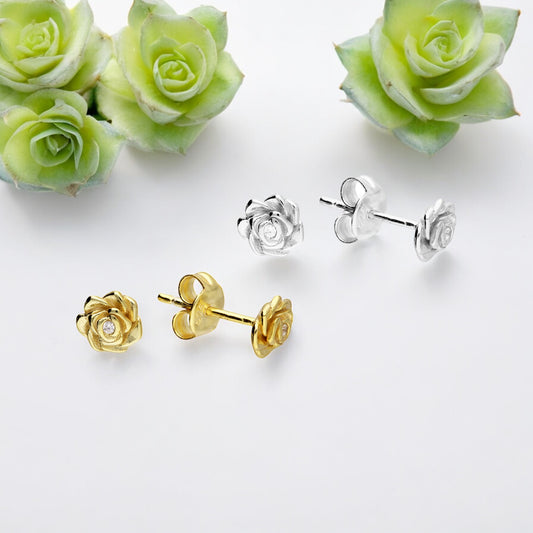 Dainty Rose Flower Sterling Silver Stud Earrings - Twelve Silver Trees Jewellery & Gifts