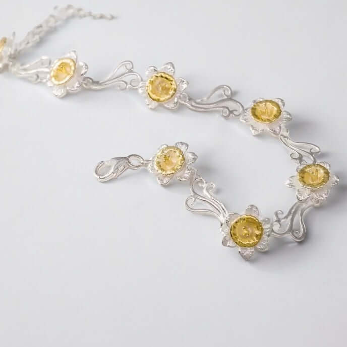 Daffodil Flower Bracelet In Sterling Silver With 14 Carat Gold - Twelve Silver Trees